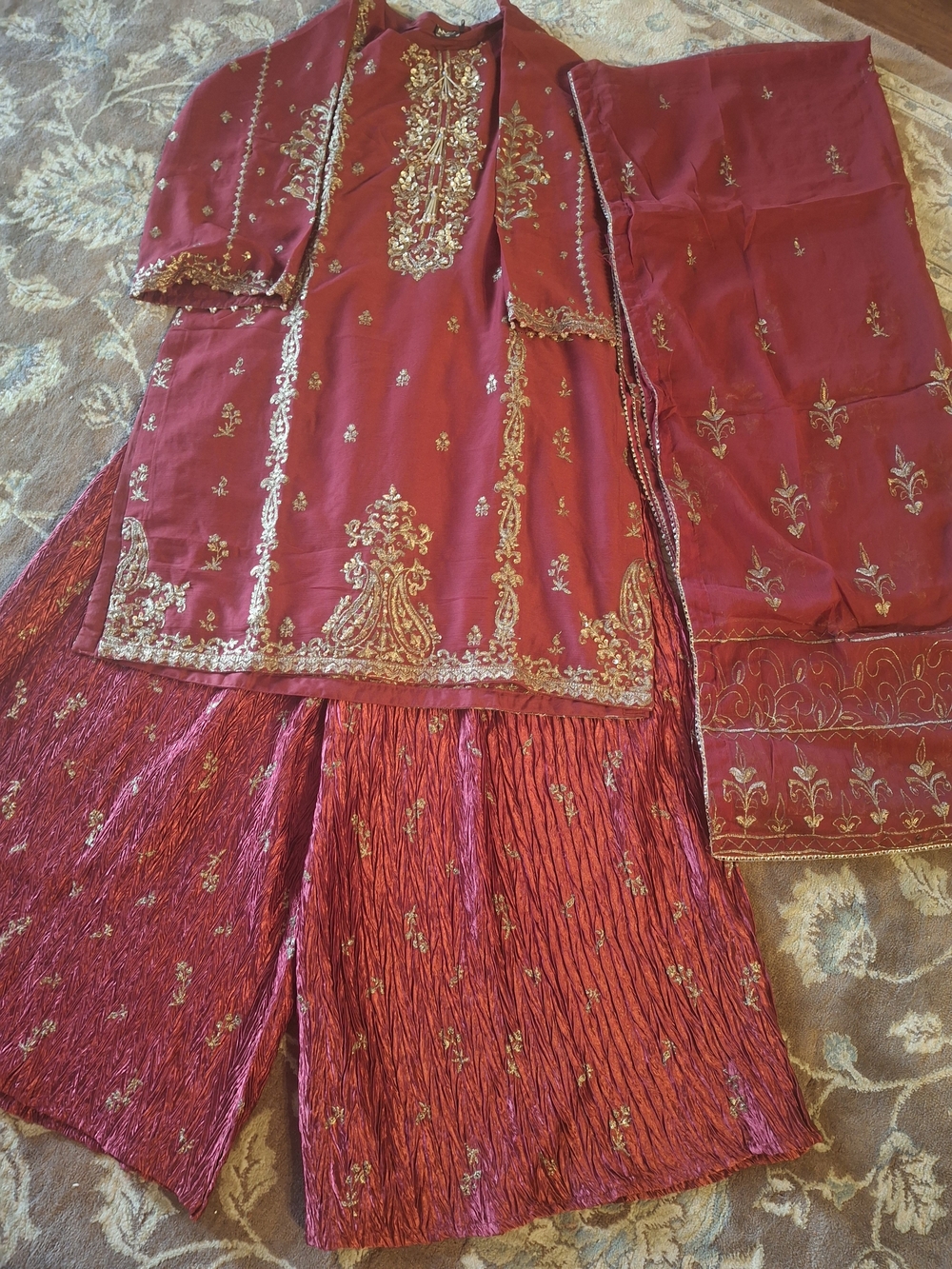 Brand New 3-Piece Maroon Embroidered Kurti & Crinkled Sharara Set with Dupatta –